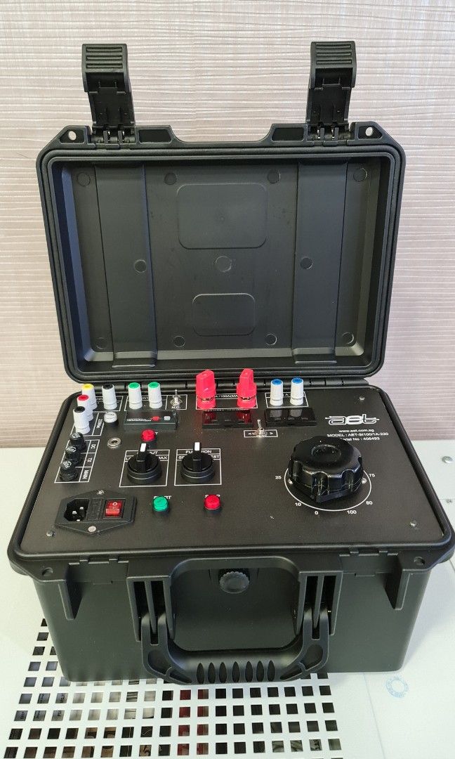 Current Injection Test Set (Category: Everything Else) located in Singapore. Submitted by linivan001 (Listing ID 173458917, Image 2). Description: AET Current Injection Test Set has a maximum rating of 50 A and a built-in timer unit. The test set is constructed in a rugged IP68 case with large carrying handles for practical field operations. The TEST SET will test instantaneous relays, IDMT relays, directional relays, moulded circuit breakers and