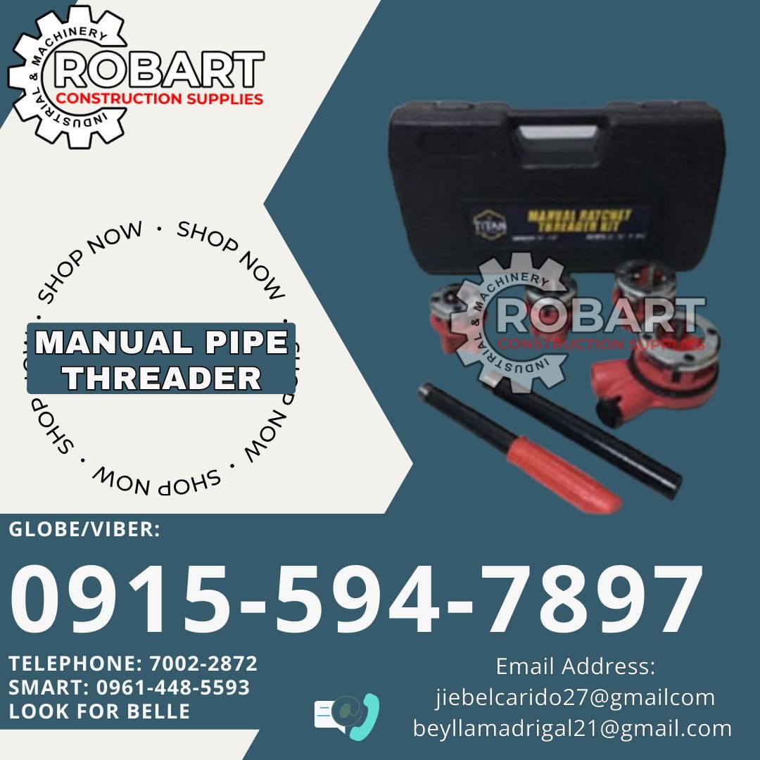 Manual Pipe Threader (Category: Construction Tools & Equipment) located in Manila. Submitted by bellarobart (Listing ID 1330927140, Image 1). Description: Manual Pipe Threader Brand: Titan Capacity: 1/2" - 1-1/4" Price: 1,500 Capacity: 1/2" -2" Price: 3,500 𝑹𝑶𝑩𝑨𝑹𝑻 𝑪𝑶𝑵𝑺𝑻𝑹𝑼𝑪𝑻𝑰𝑶𝑵 𝑺𝑼𝑷𝑷𝑳𝑰𝑬𝑺 Office Address: 1405 Yuseco St. Sta Cruz Manila SEND US MESSAGE FOR INQUIRIES ‼️ ‼️ Glb/Vibr: 0915-594-7897 Smrt: 0961-448-5593 Landline: