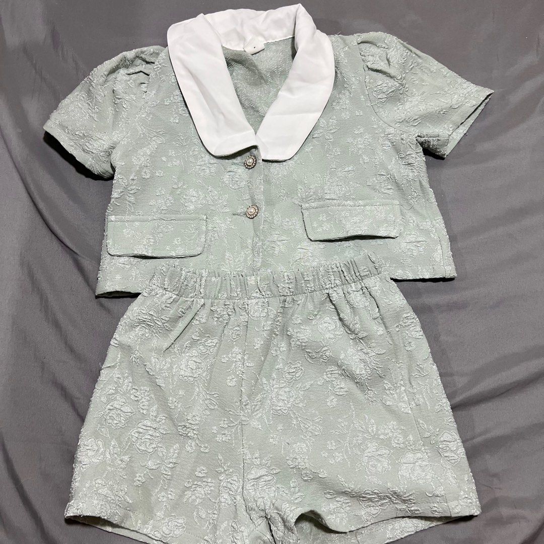 Mint green set coords terno shorts (Category: Babies & Kids Fashion) located in Cavite. Submitted by fleurtykes (Listing ID 1331052811, Image 1). Description: Jnt cavite.