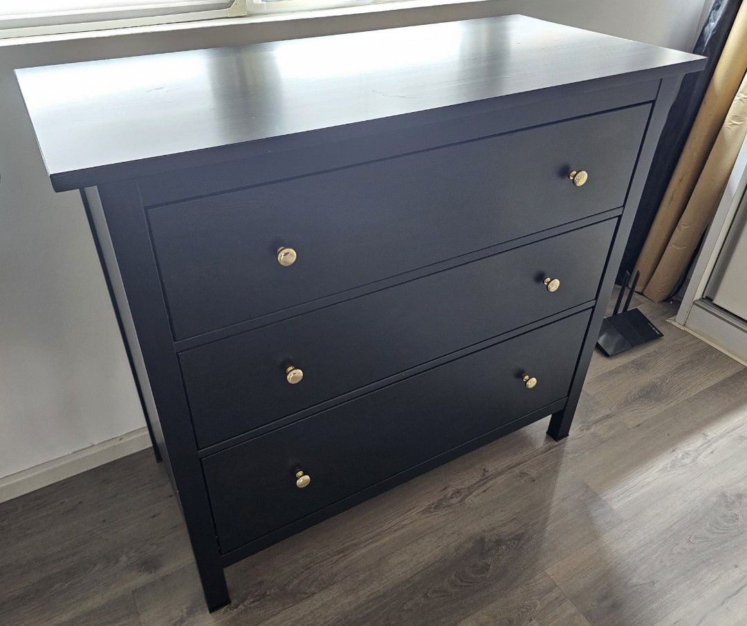 Moving out, Clearance Sale! Ikea Hemnes Solid Wood Chest of 3 Drawers  Storage Cabinet Dark Brown Stained Luxurious Gold Knobs With Big Discount,  Furniture & Home Living, Furniture, Shelves, Cabinets & Racks (