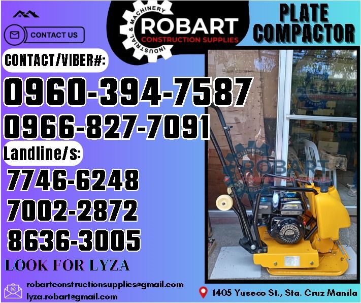 Plate Compactor 7Hp, 4 stroke. (Category: Construction Tools & Equipment) located in Manila. Submitted by lyzarobart11 (Listing ID 1330942558, Image 1). Description: Plate Compactor Model No: TST-C90T Engine: 7Hp, 4 stroke. 𝑹𝑶𝑩𝑨𝑹𝑻 𝑪𝑶𝑵𝑺𝑻𝑹𝑼𝑪𝑻𝑰𝑶𝑵 𝑺𝑼𝑷𝑷𝑳𝑰𝑬𝑺 𝒪𝒻𝒻𝒾𝒸𝑒 𝒜𝒹𝒹𝓇𝑒𝓈𝓈: 𝟣𝟦𝟢𝟧 𝒴𝓊𝓈𝑒𝒸𝑜 𝒮𝓉. 𝒮𝓉𝒶 𝒞𝓇𝓊𝓏 𝑀𝒶𝓃𝒾𝓁𝒶 ꜱᴇɴᴅ ᴜꜱ ᴍᴇꜱꜱᴀɢᴇ ꜰᴏʀ ɪɴQᴜɪʀɪᴇꜱ ‼️ ‼️ ɢʟᴏʙᴇ: (0966-827-7091) ꜱᴍʀᴛ - (0960-394-7587) ᴠɪʙ