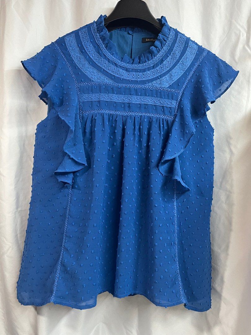 Saturday Club Ruffle Sleeve Top (Category: Blouses) located in Quezon City. Submitted by wednesday21 (Listing ID 1330896743, Image 1). Description: Saturday Club Ruffle Sleeve Top in blue with swiss dots and lace details in the collar..