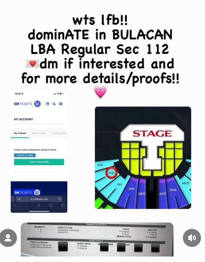 SKZ Dominate in Bulacan - LBA (Category: Industrial Equipment) located in Pasig City. Submitted by 3toddlers (Listing ID 1331003876, Image 1). Description: Selling LOW 2 tickets available (Unredeemed) Stray Kids Dominate Concert at Philippine Arena, Bulacan Nov 23, 2024 Lower Box A 8k each if will get both, 9k if one ticket only (worth 10.5k) DM for details RFS : Got better tier seats .