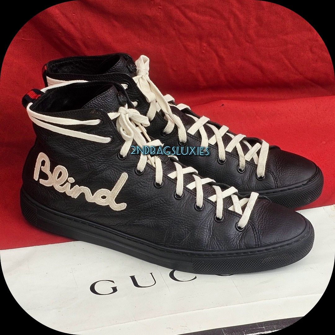 Sz 9 Gucci Blind For Love Black Leather High Top Mens Sneakers Shoes
