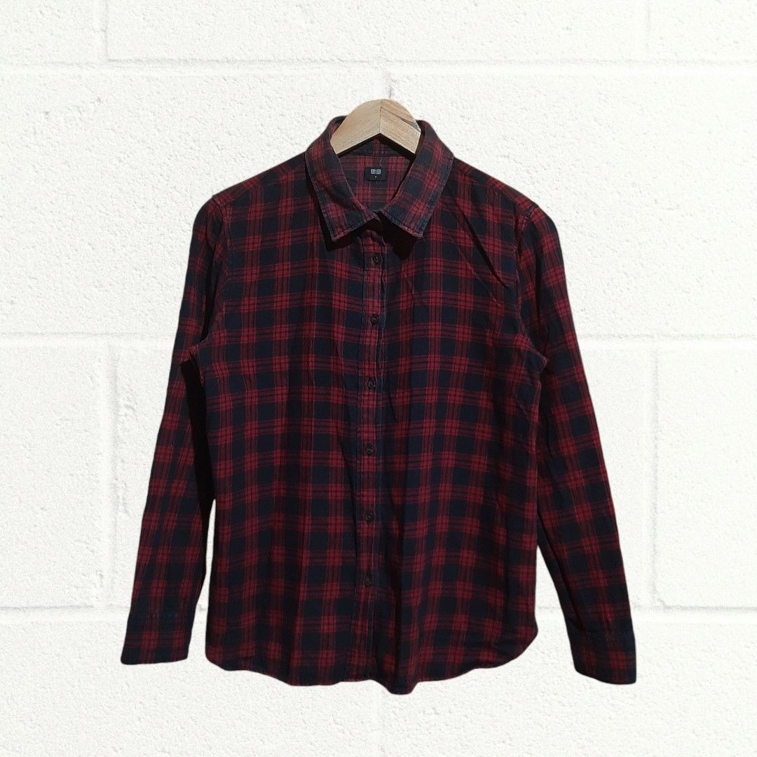 Uniqlo Red Checkered Polo Long Sleeve Womens Women s Fashion Tops Longsleeves on Carousell