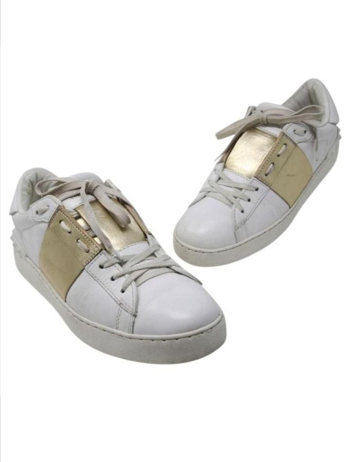 💜Valentino White/Gold Leather Rockstud Low Top Open
