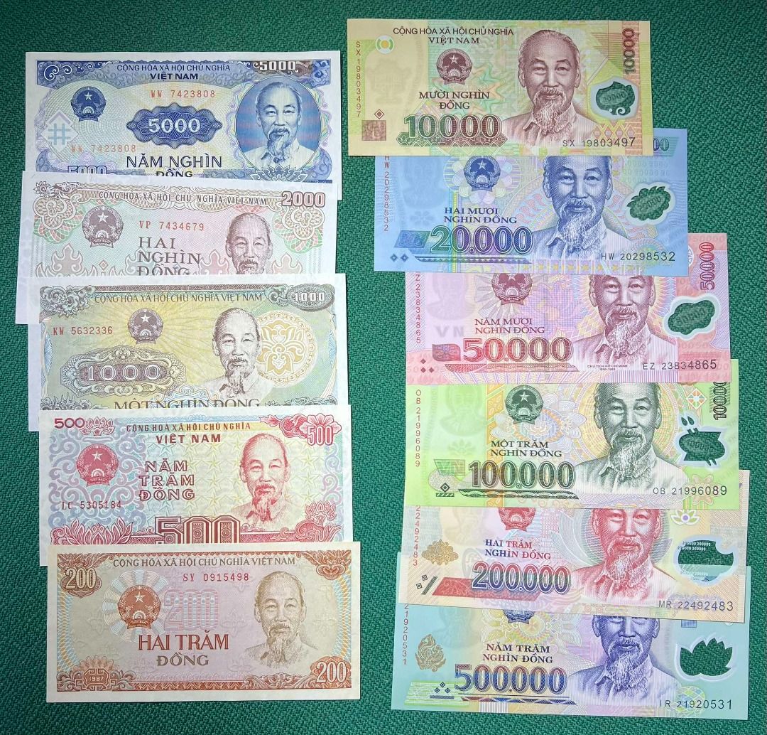 Vietnam 200, 500, 1000, 2000, 5000, 10000, 20000, 50000, 100000, 200000,  500000 Dong (Ho Chi Minh Paper + Polymer 11pcs full set Version) Original  UNC, Hobbies & Toys, Memorabilia & Collectibles, Currency on Carousell