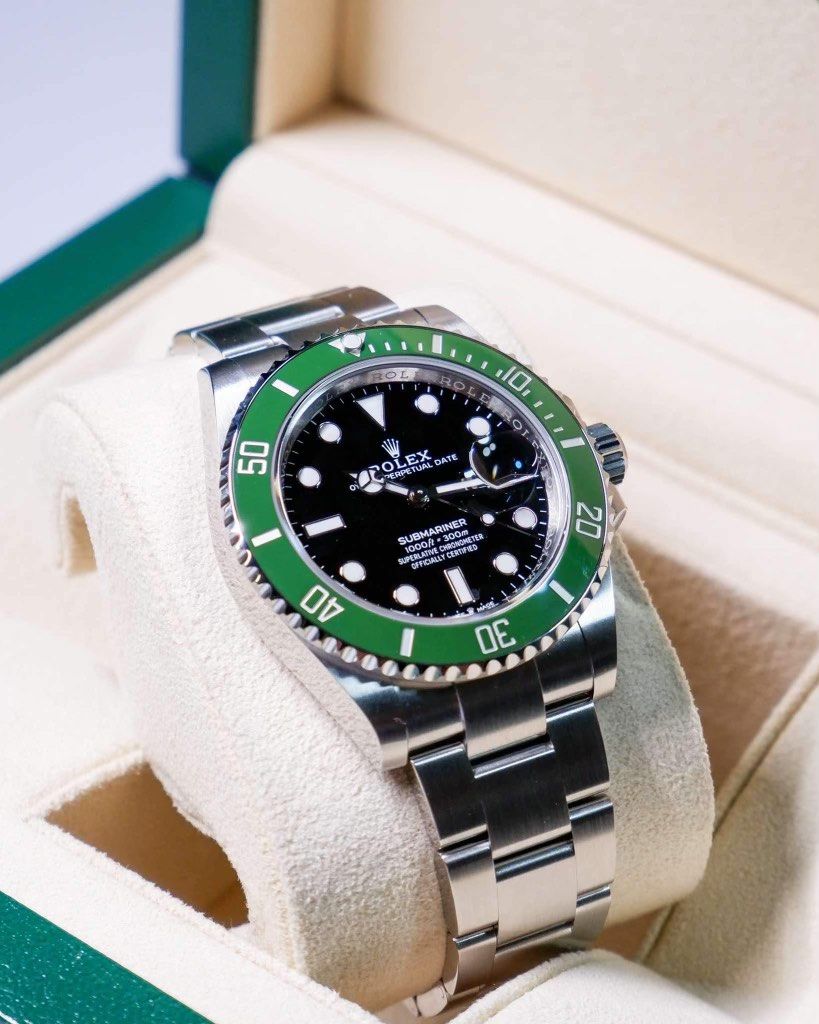Authentic Rolex Submariner Date Starbucks (Category: Luxury Watches) located in Quezon City. Submitted by prebyp (Listing ID 1331197466, Image 2). Description: Dec 31, 2023 new year’s eve date, brand new unworn, complete links, full set, complete boxes, NFC card, green hang tag, manual, white hang tag with reference and serial number.