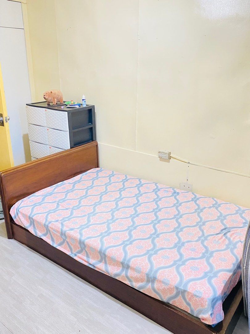 Bed Frame and Mattress Set (Category: Other Home Appliances) located in Manila. Submitted by macmb (Listing ID 1331075925, Image 1). Description: Bed Frame and Mattress Set Made in Japan Mattress 6 inches soft Bed Frame walnut wood.