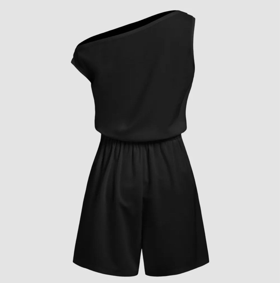 Cider ASYMMETRICAL NECK SOLID PLEATED ROMPER, Women's Fashion, Dresses &  Sets, Rompers on Carousell