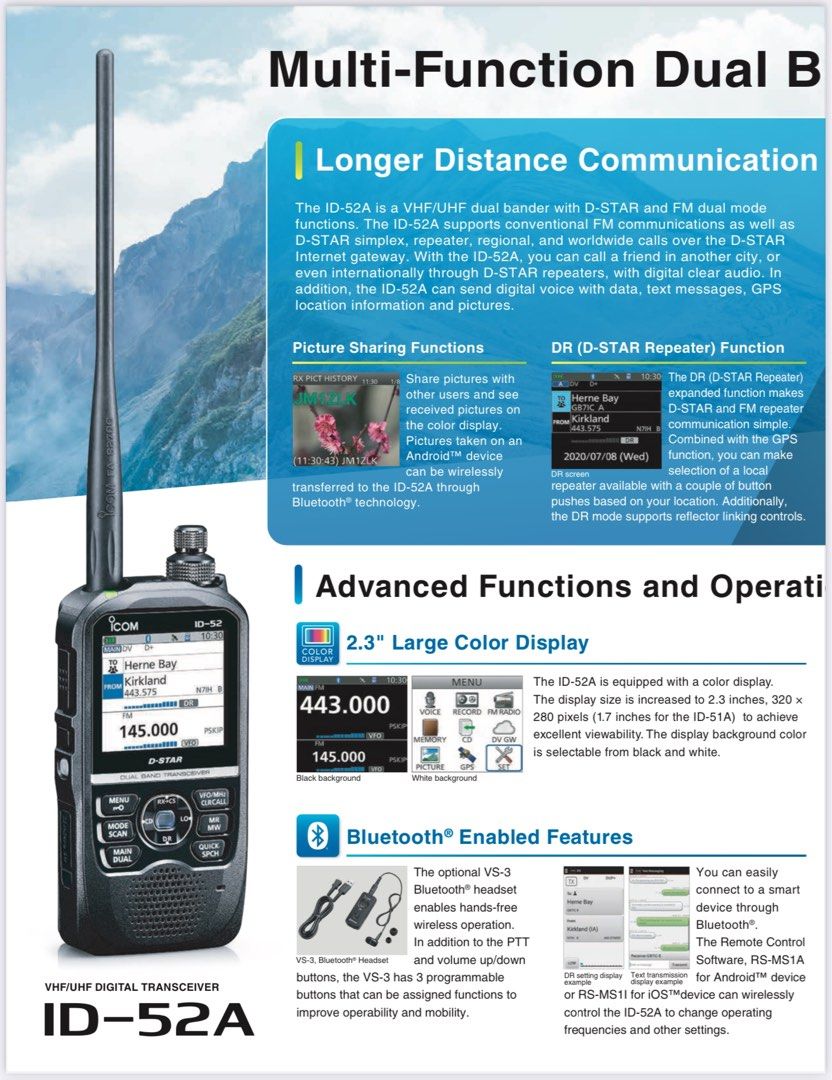 ICOM ID-52A VHF/UHF Digital Transceiver (Category: Walkie-Talkie) located in Manila. Submitted by ryanstactics (Listing ID 1331183772, Image 2). Description: ICOM ID-52A VHF/UHF DIGITAL TRANSCEIVER Multi-Function D-STAR Dual Bander with Color Display and Bluetooth® Multi-Function D-STAR Dual Bander Larger radio, larger color display, and louder audio. The ID-52A is much more than a replacement to the ID-51A; it’s a new way of communicating! Sligh