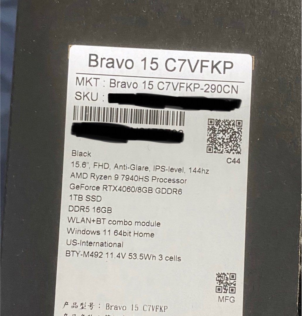 MSI BRAVO 15 C7V BRAND NEW (Category: Laptops & Notebooks) located in Mandaluyong City. Submitted by youronlineseller777 (Listing ID 1331113897, Image 2). Description: Brand new MSI Bravo 15 C7V Processor: AMD Ryzen 9-7940HS Memory: 16GB DDR5 5600Mhz Storage: 1TB NVMe PCIe(GEN4x4) SSD Graphics: NVIDIA GeForce RTX 4060 8GB VRAM Display: 15.6” 1920*1080 FHD 144Hz IPS Operating System: Windows 11 Keyboard : Four-zone RGB gaming keyboard I/O INTERFAC