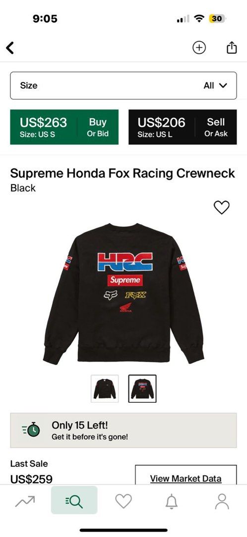 Supreme honda fox racing crewneck black online