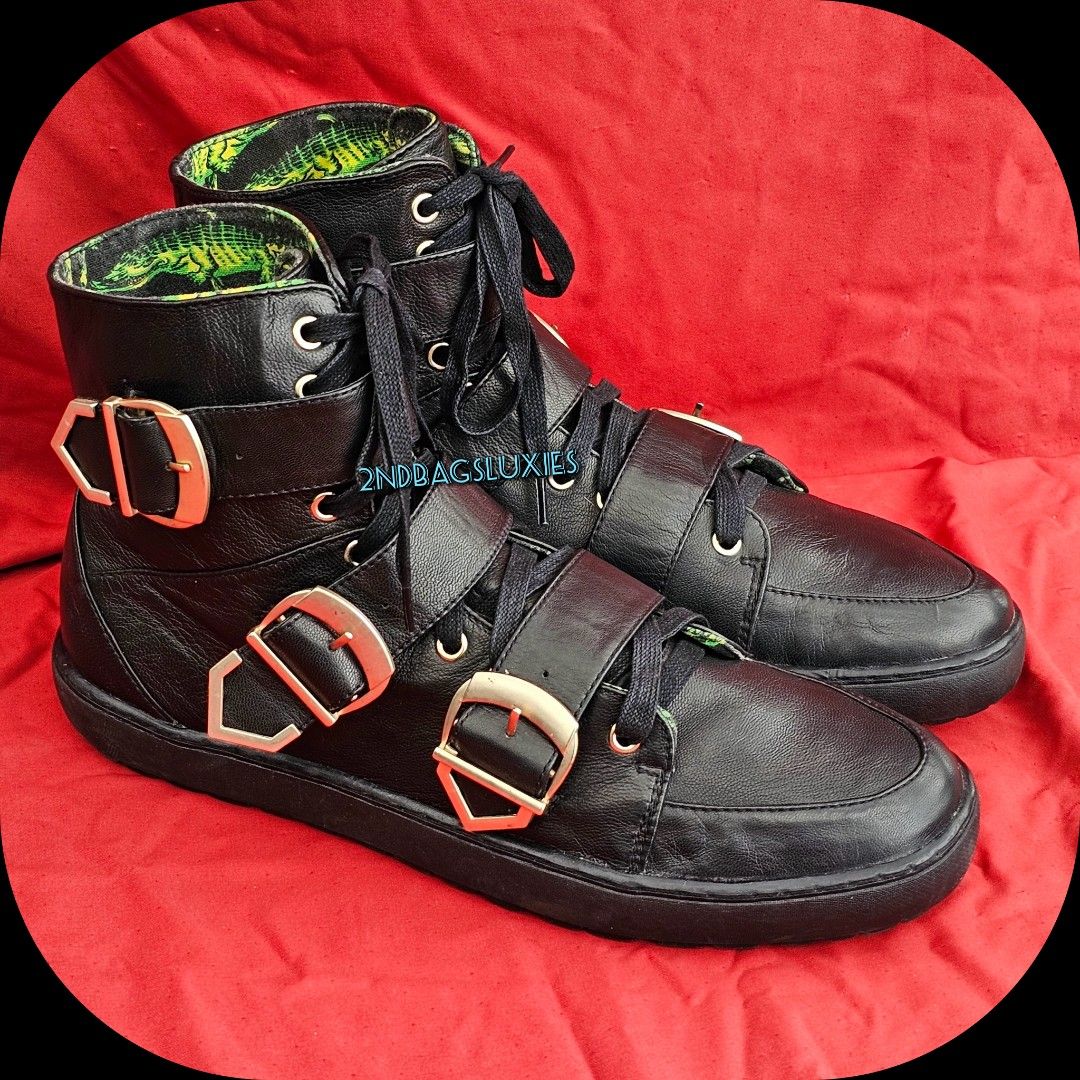 ?Sz 44 10½ Versace H&M Black Buckle Soft Leather Mens High Top 