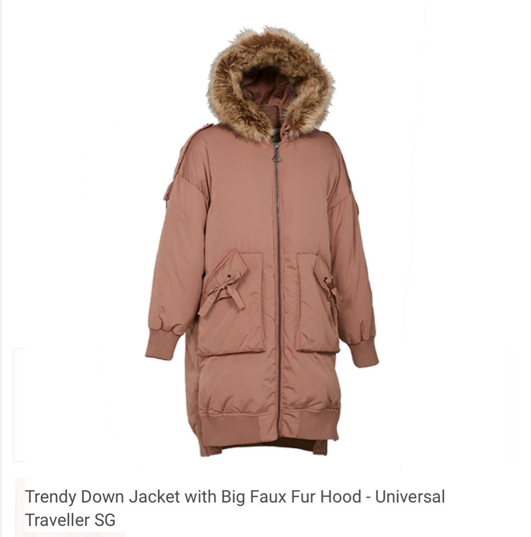 WINTER JACKET (Category: Coats, Jackets and Outerwear) located in Singapore. Submitted by srss88 (Listing ID 1331165227, Image 1). Description: Univeral Traveller Trendy Down Jacket with Big Faux Fur Hood ONLY WORN ONE TIME DEC 2024 Original Price $256 Features: Bomber inspired Irregular length with sides opening Oversized ribbon fastening pockets 3 internal security pockets Fabric Content: S : 100% Polyester L : 100% Polyester, F: 90% Down 10% F
