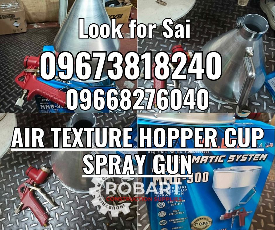 Air Texture Hopper Spray Gun (Category: Construction Tools & Equipment) located in Manila. Submitted by sairobart375609 (Listing ID 1331254287, Image 1). Description: Air Texture Hopper Spray Gun Model: MMG-300 Alloy ROBART CONSTRUCTION SUPPLIES For inquiries: For FAST TRANSACTION: Sai Robart - 09673818240 / 09662708706 Vbr: Robart Sai - 09673818240 sairobart3@gmail. com Office Address: 1405 Yuseco St. Sta. Cruz Manila 7746-6248, 7216-7605 ,7002-