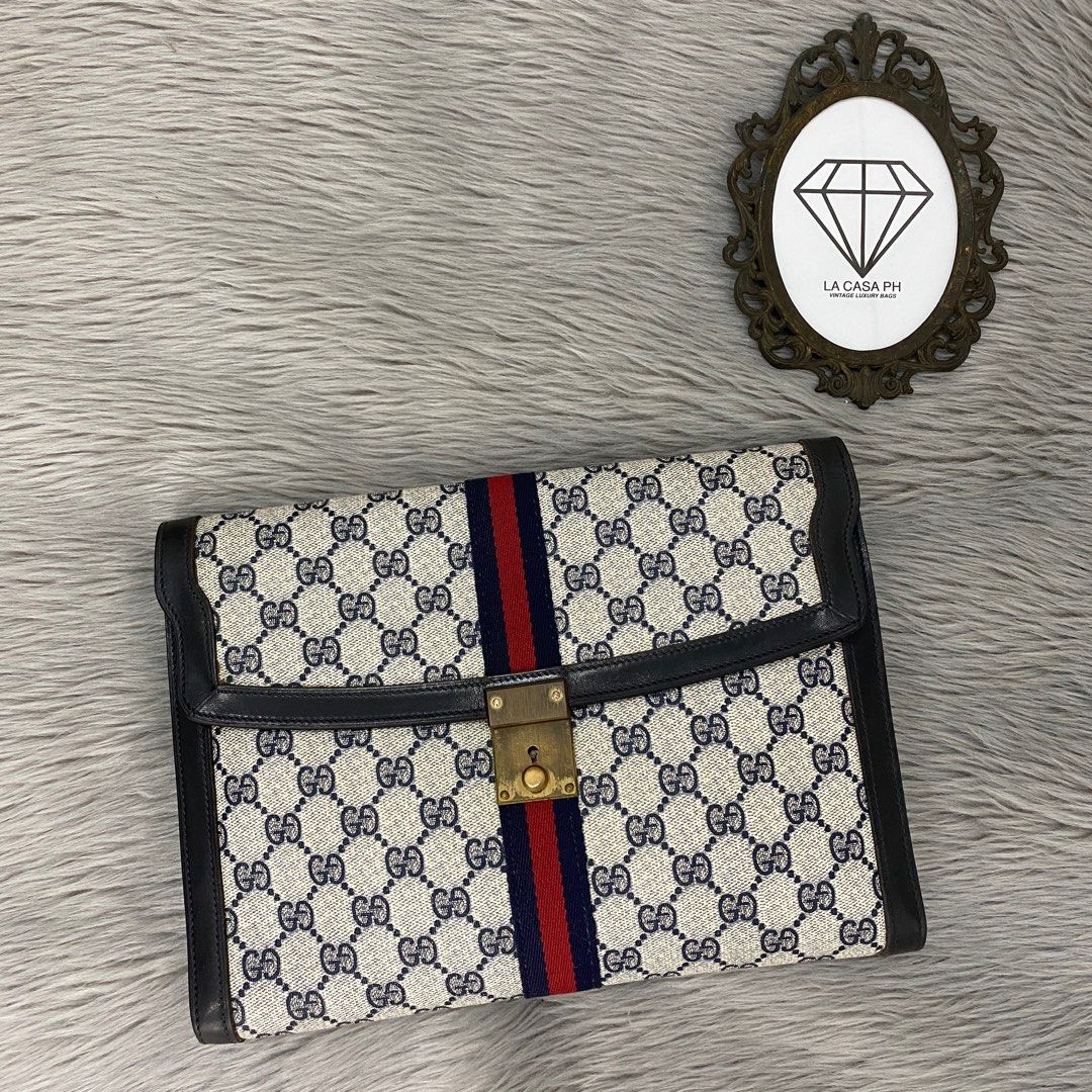 GUCCI Vintage Navy GG Monogram Supreme Sherryline Envelope Clutch