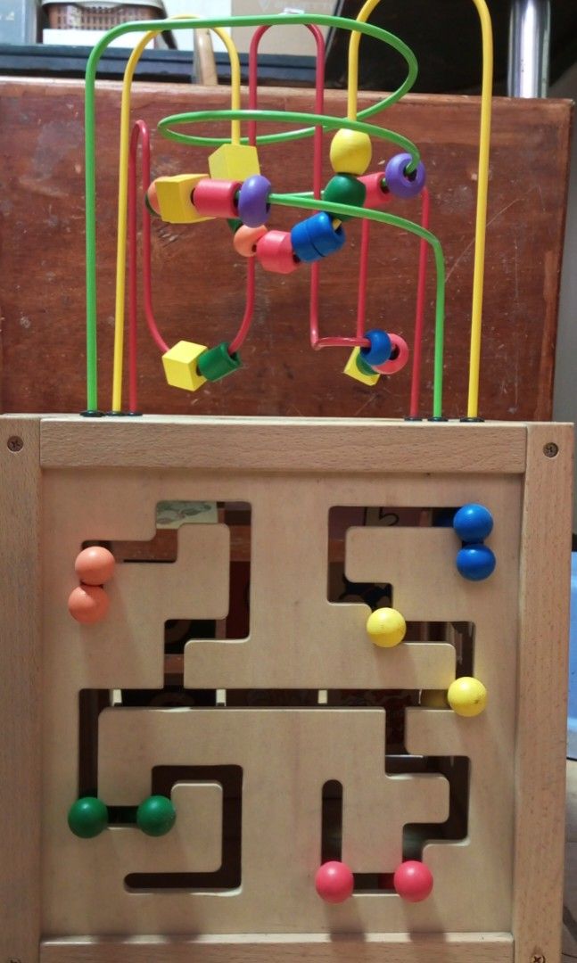 Japan surplus wooden activity Toy cube (Category: Infant Playtime) located in Navotas City. Submitted by roxieclzb (Listing ID 1331269398, Image 3). Description: in good condition missing wooden animal toys and xylophone drumstick.