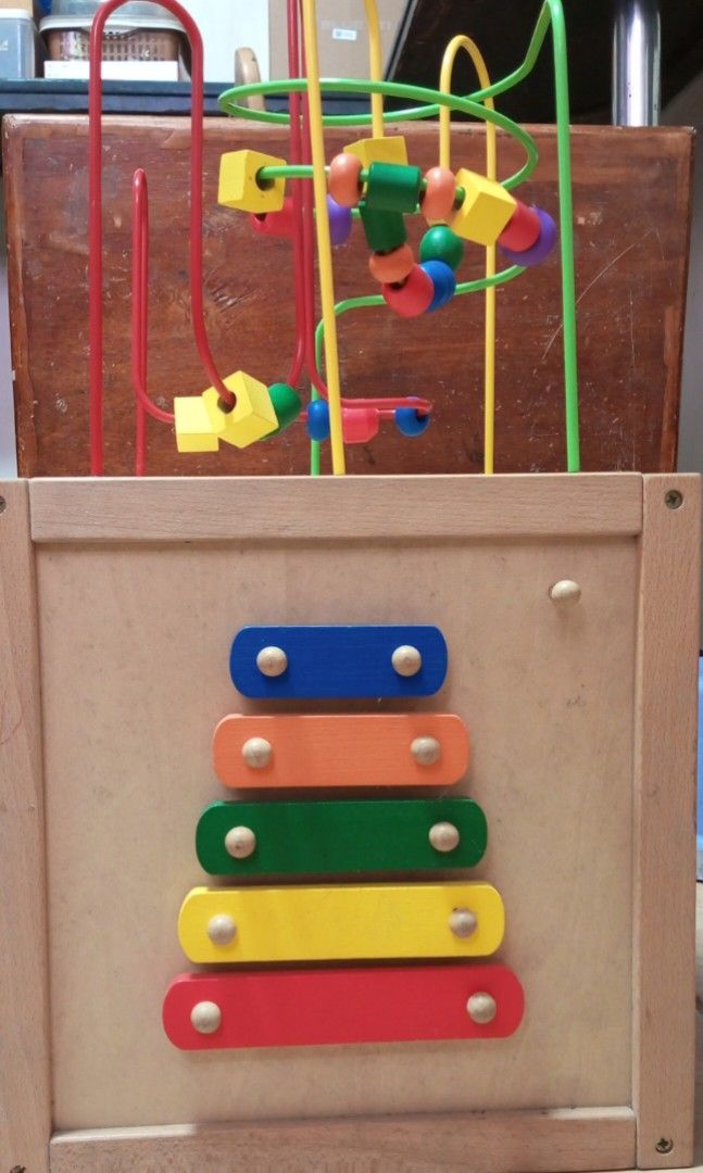 Japan surplus wooden activity Toy cube (Category: Infant Playtime) located in Navotas City. Submitted by roxieclzb (Listing ID 1331269398, Image 2). Description: in good condition missing wooden animal toys and xylophone drumstick.