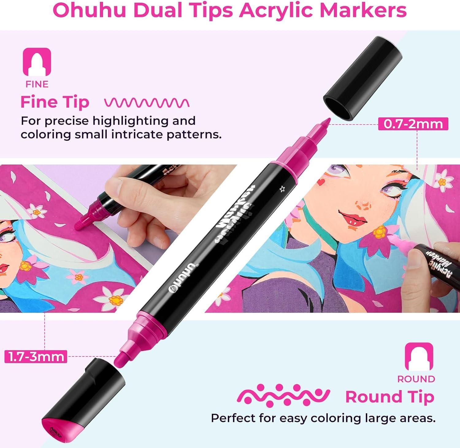 Ohuhu 30 Colors Acrylic Paint Pens : Dual Tip (Round & Fine 