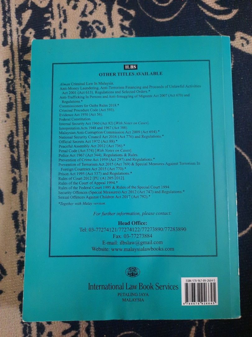 Penal Code (Category: Textbooks) located in Shah Alam. Submitted by jennelsk (Listing ID 1331246611, Image 2). Description: Condition: 8/10 (a bit of water damage but no effect to contents). as at 5th Jan 2019.