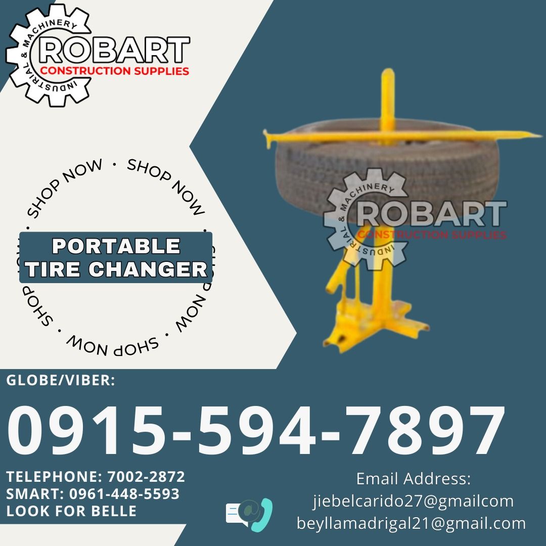Portable Tire Changer (Category: Construction Tools & Equipment) located in Manila. Submitted by bellarobart (Listing ID 1331236752, Image 1). Description: Portable Tire Changer Brand: Titan Handle all Tires: From 8" to Light Truck Inclusion: Flotation Tire 𝑹𝑶𝑩𝑨𝑹𝑻 𝑪𝑶𝑵𝑺𝑻𝑹𝑼𝑪𝑻𝑰𝑶𝑵 𝑺𝑼𝑷𝑷𝑳𝑰𝑬𝑺 Office Address: 1405 Yuseco St. Sta Cruz Manila SEND US MESSAGE FOR INQUIRIES ‼️ ‼️ Glb/Vibr: 0915-594-7897 Smrt: 0961-448-5593 Landline: