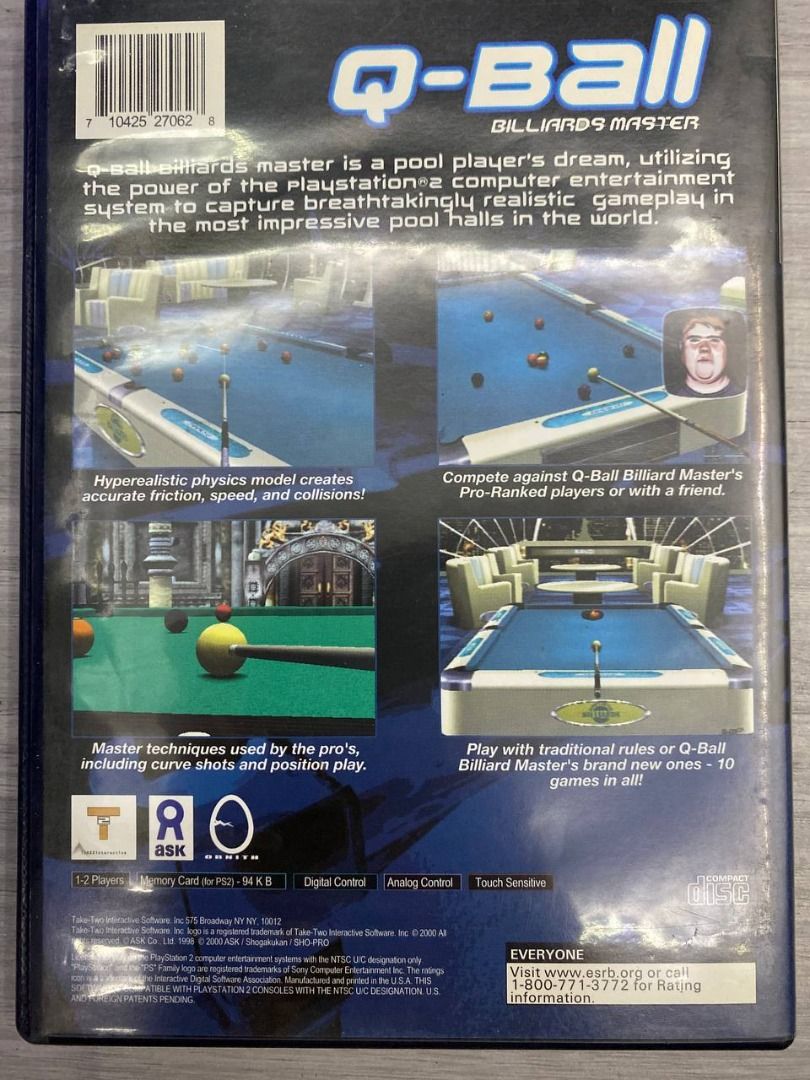 Q-Ball Billiards Master (Sony PlayStation 2, 2002) (Category: PlayStation) located in Mabalacat. Submitted by mattytooturnt (Listing ID 1331296754, Image 3). Description: Q-Ball Billiards Master (Sony PlayStation 2, 2002) Q-Ball: Billiards Master, known in Japan as Dōkyū Billiard Master 2 (撞球 ビリヤードマスター2, Dōkyū Biriyādo Masutā 2), and in Europe as Pool Master, is a video game developed by Ornith and published by ASK and Take-Two Interactive for th