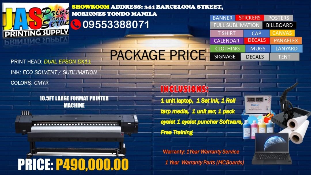 10 FT ECO SOLVENT PRINTER DUAL HEADS FOR ELECTIONS (Category: Printers, Scanners & Copiers) located in Manila. Submitted by melvinflor41363 (Listing ID 1331414475, Image 1). Description: Tarpaulin Printer Machines (6ft & 10ft) Sublimation Printers (DX11, Dual Head DX11, i3200) DTF Machines (A3 Size & 2FT) Laser Cutters Cutter Plotters (2FT & 4FT) Heat Press Machines (Drawer Type 80x100 & Roller Type) Engraver Machines FREE Training & Installation
