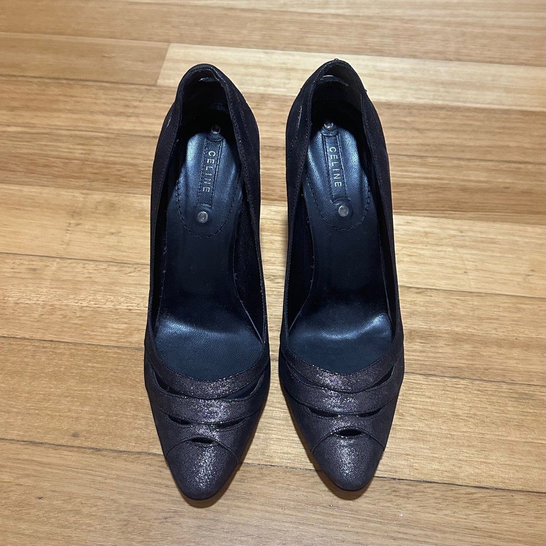 Celine black glittery high heel shoes with design cutouts