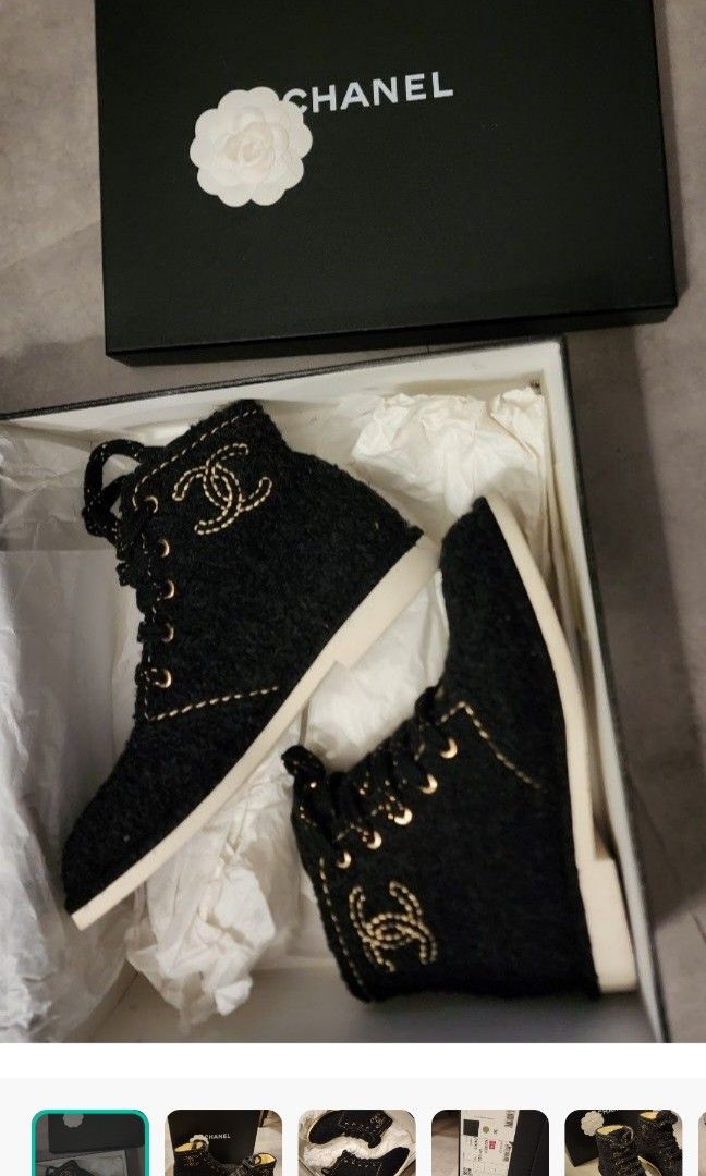 Chanel Lace up tweed boots (Category: Boots) located in Taguig. Submitted by RJR888 (Listing ID 1331441745, Image 2). Description: Bought in Chanel Shinjuku Chanel Lace up tweed boots Size 36 Complete with Box Used Twice.