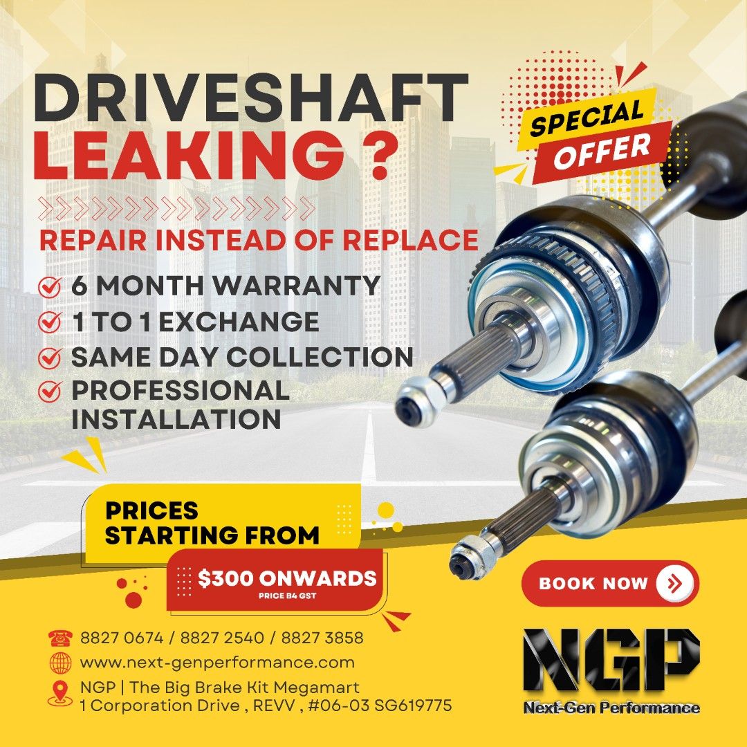 Driveshaft Reconditioning / Repair Services , BMW , MERCS , AUDI , VOLKSWAGEN, TOYOTA , HONDA , MITSUBISHI , NISSAN , BREMBO , AP-RACING (Category: Car Workshops & Services) located in Singapore. Submitted by next-genperformance (Listing ID 1331449936, Image 1). Description: 🚗💥𝐈𝐬 𝐘𝐨𝐮𝐫 𝐕𝐞𝐡𝐢𝐜𝐥𝐞'𝐬 𝐃𝐫𝐢𝐯𝐞𝐬𝐡𝐚𝐟𝐭 𝐒𝐡𝐨𝐰𝐢𝐧𝐠 𝐒𝐢𝐠𝐧𝐬 𝐨𝐟 𝐓𝐫𝐨𝐮𝐛𝐥𝐞? 𝐖𝐞’𝐯𝐞 𝐆𝐨𝐭 𝐭𝐡𝐞 𝐅𝐢𝐱!💥🚗 Don’t let a faulty drive shaft rui