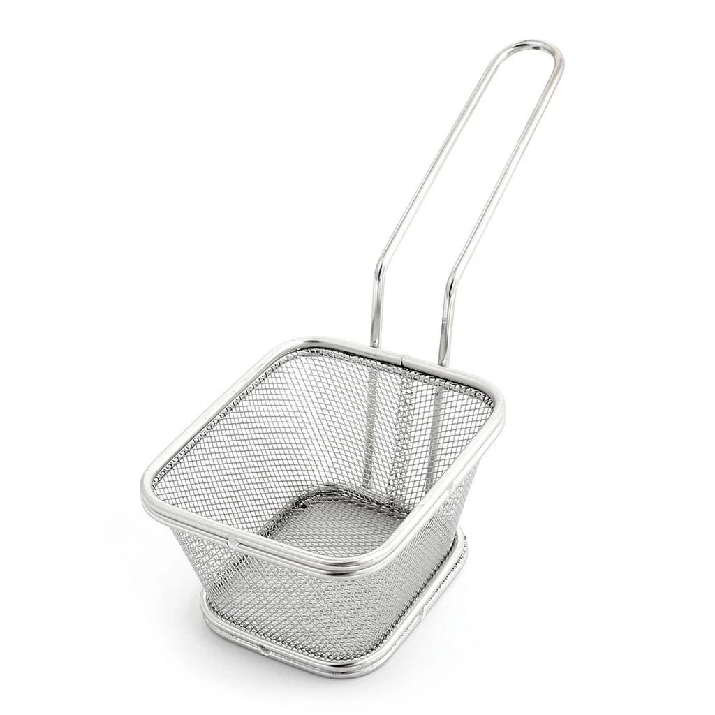Fry Mesh For Fries Mojos / Strainer (Small) for Stylish Presentation (Category: Other Kitchenware & Tableware) located in Quezon City. Submitted by trustrade86136 (Listing ID 1331460701, Image 1). Description: Product Description Reg. Small - 10x9x6x12.5cm -Fun & stylish fries presentation -Lightweight material -Chrome finish -Can be used for frying -Durable .