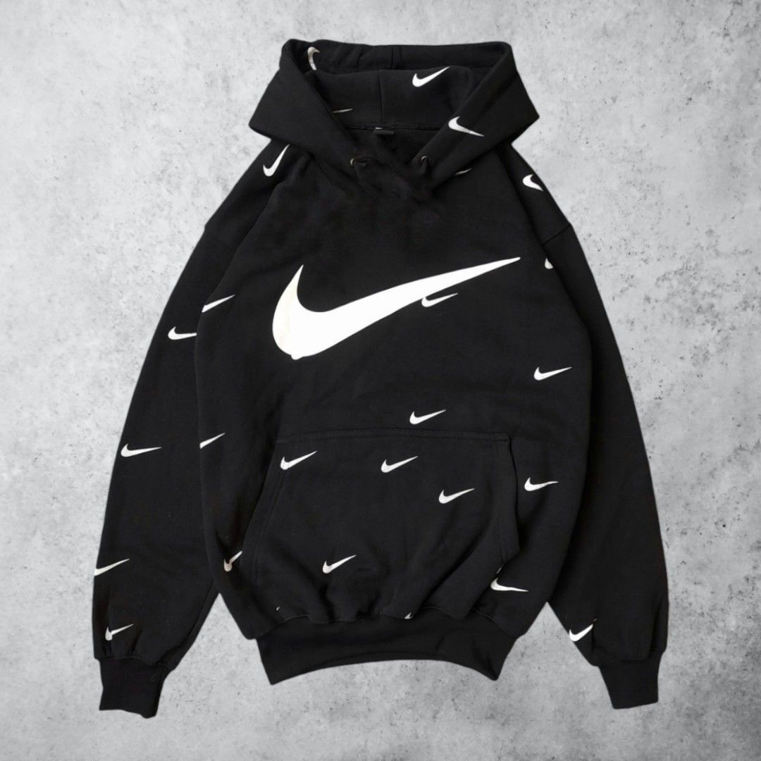 Hoodie Nike Swoosh Full Print Hitam, Fesyen Pria, Pakaian Baju