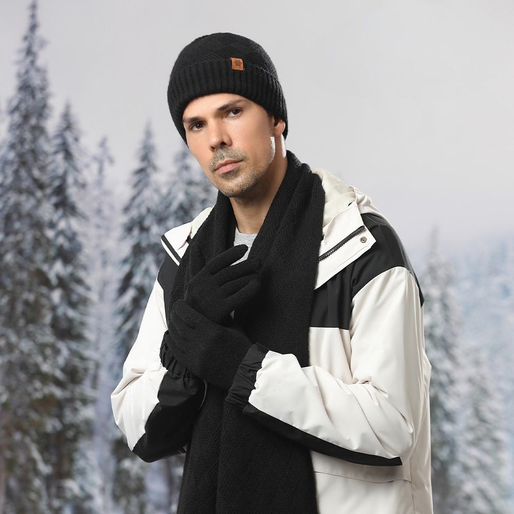 Men Winter Hat Scarf Gloves 3-Piece Set Windproof Hat Outdoor