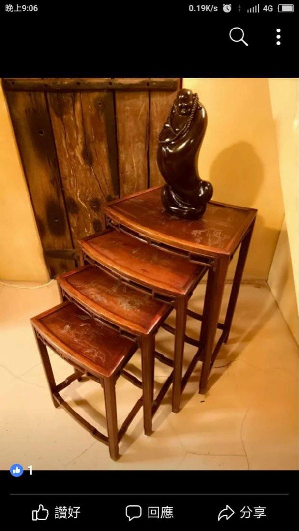 Nesting tables （分類：桌子）位於 Hong Kong。 由 forest22 提交（商品編號 1331478095，圖片 1）。簡介： Unique nesting tables with horse motif. Each table has a different depiction of horses. Horses are inlaid the wood with silver. 4 tables total. Slight fan shape. Sadly selling due to downsizing. Lightweight and easy to move. Pick up North Point 。