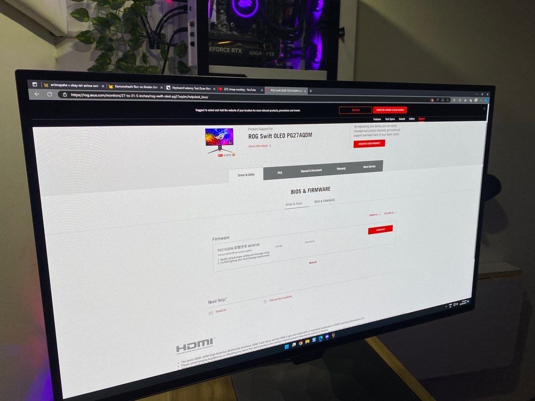 ROG SWIFT OLED PG27AQDM (Category: Monitor Screens) located in Quezon City. Submitted by ItsSeventy (Listing ID 1331446159, Image 2). Description: Unli test No issue No stuck pixel No burn in Only pickup Complete accessories, box, pouch, Pristine condition. DOP: 10/16/23 .