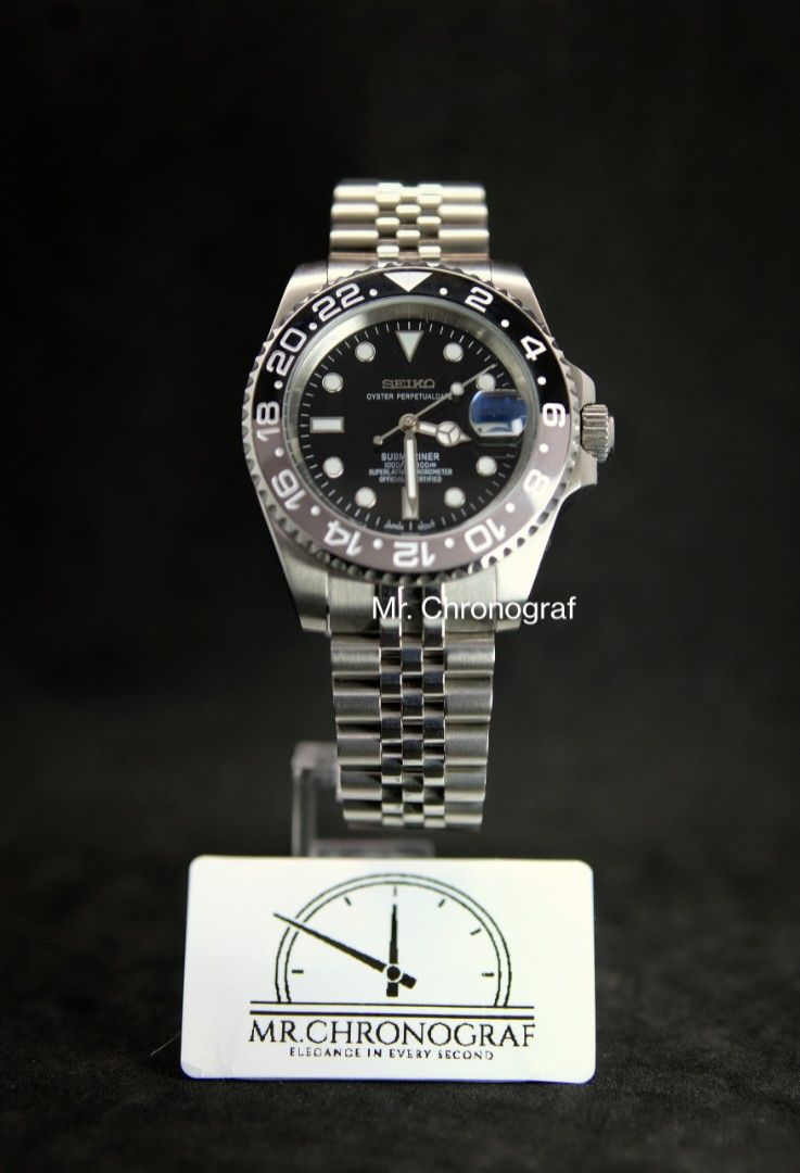 Seiko Mod Submariner Bruce Wayne (Category: Luxury Watches) located in Manila. Submitted by rafael_lesaguis (Listing ID 1331476259, Image 1). Description: Seiko Mod Submariner Bruce Wayne Movement: Seiko NH35 Automatic TMI version with winding and hacking feature Case and Strap: 40mm 904L Stainless Steel version (better than 316) & 904L Oyster Type strap Dial: Seiko logo, 1000ft Submariner Glass: Sapphire scratch resistant with cyclops Hands: Sil