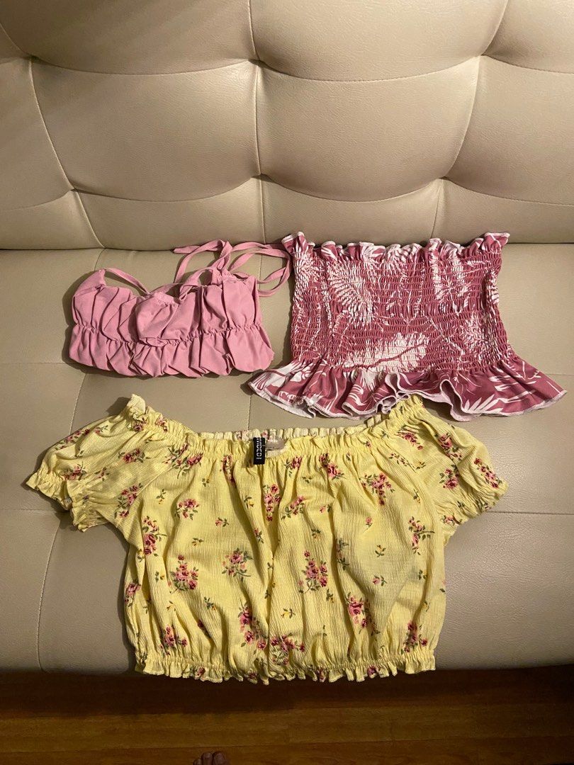 AS PACK! H&M Cutesy Summer Cropped Tops (Category: Sleeveless) located in Malolos. Submitted by achinnn (Listing ID 1331704015, Image 1). Description: Yellow top: Small fits medium Pink Tube: Small fits medium Pink Brallete: Xs - Small.