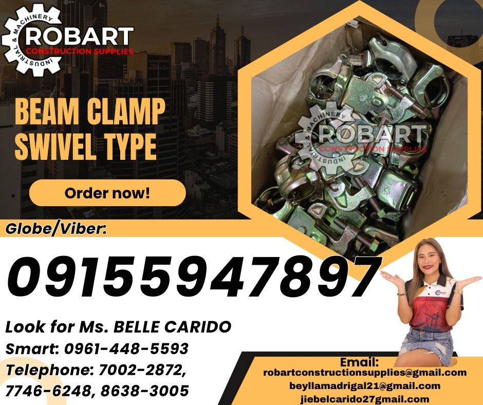Beam Clamp Swivel (Category: Construction Tools & Equipment) located in Manila. Submitted by bellarobart (Listing ID 1331589416, Image 1). Description: Beam Clamp Size: 1 1/2 Swivel Type 𝑹𝑶𝑩𝑨𝑹𝑻 𝑪𝑶𝑵𝑺𝑻𝑹𝑼𝑪𝑻𝑰𝑶𝑵 𝑺𝑼𝑷𝑷𝑳𝑰𝑬𝑺 Office Address: 1405 Yuseco St. Sta Cruz Manila SEND US MESSAGE FOR INQUIRIES ‼️ ‼️ Glb/Vibr: 0915-594-7897 Smrt: 0961-448-5593 Landline: (7746-6248 / 7002-2872) 𝓛𝓞𝓞𝓚 𝓕𝓞𝓡 𝓑𝓔𝓛𝓛𝓔 🔵 100% Trusted Sup