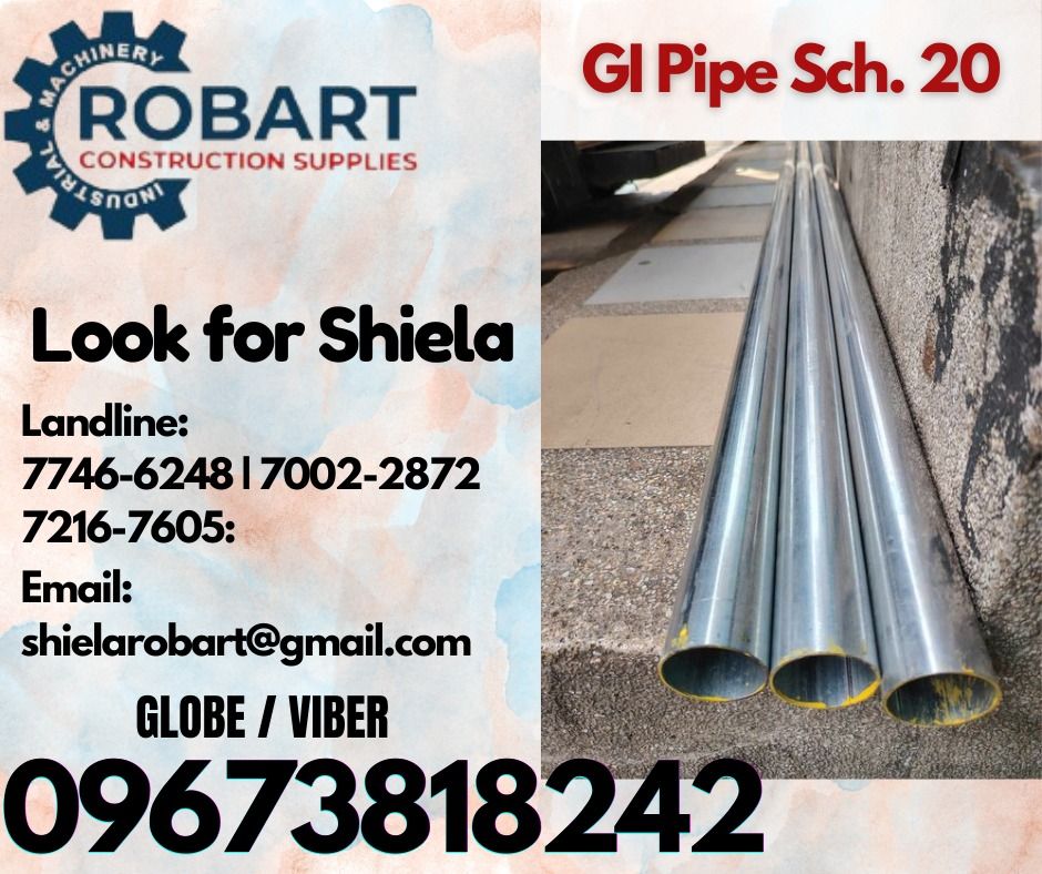 GI Pipe Sch. 20 (Category: Construction Tools & Equipment) located in Caloocan City. Submitted by shielaroba44709 (Listing ID 1331622644, Image 1). Description: GI Pipe Sch. 20 Size: 1 1/2" x 6m (9kls.) 𝑹𝑶𝑩𝑨𝑹𝑻 𝑪𝑶𝑵𝑺𝑻𝑹𝑼𝑪𝑻𝑰𝑶𝑵 𝑺𝑼𝑷𝑷𝑳𝑰𝑬𝑺 Office Address: 1405 Yuseco St. Sta Cruz Manila SEND US MESSAGE FOR INQUIRIES ‼️ ‼️ Call: 09673818242 / 09662708845 Vibr - (09673818242) Landline: (𝟩𝟩𝟦𝟨-𝟨𝟤𝟦𝟪) / (𝟩𝟢𝟢𝟤-𝟤𝟪𝟩𝟤) / (