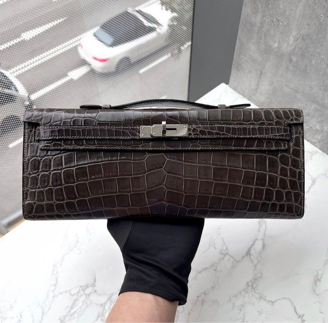 Hermes Kelly Cut Graphite Shiny Porosus Phw