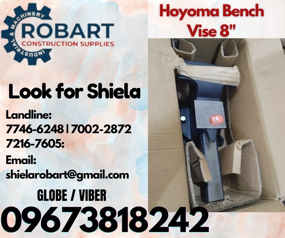 Hoyoma Bench Vise (Category: Construction Tools & Equipment) located in Caloocan City. Submitted by shielaroba44709 (Listing ID 1331617511, Image 1). Description: Hoyoma Bench Vise 8" 1 unit 𝑹𝑶𝑩𝑨𝑹𝑻 𝑪𝑶𝑵𝑺𝑻𝑹𝑼𝑪𝑻𝑰𝑶𝑵 𝑺𝑼𝑷𝑷𝑳𝑰𝑬𝑺 Office Address: 1405 Yuseco St. Sta Cruz Manila SEND US MESSAGE FOR INQUIRIES ‼️ ‼️ Call: 09673818242 / 09662708845 Vibr - (09673818242) Landline: (𝟩𝟩𝟦𝟨-𝟨𝟤𝟦𝟪) / (𝟩𝟢𝟢𝟤-𝟤𝟪𝟩𝟤) / (𝟩𝟤𝟣𝟨-𝟩�