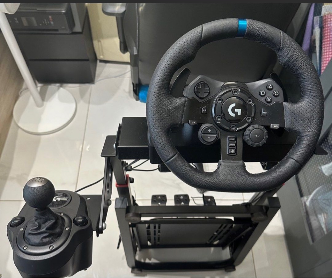 Logitech next level racing G923 賽車遊戲軚盤 腳踏 變速器 連棍波摺疊車架 full set, 電子遊戲 ...