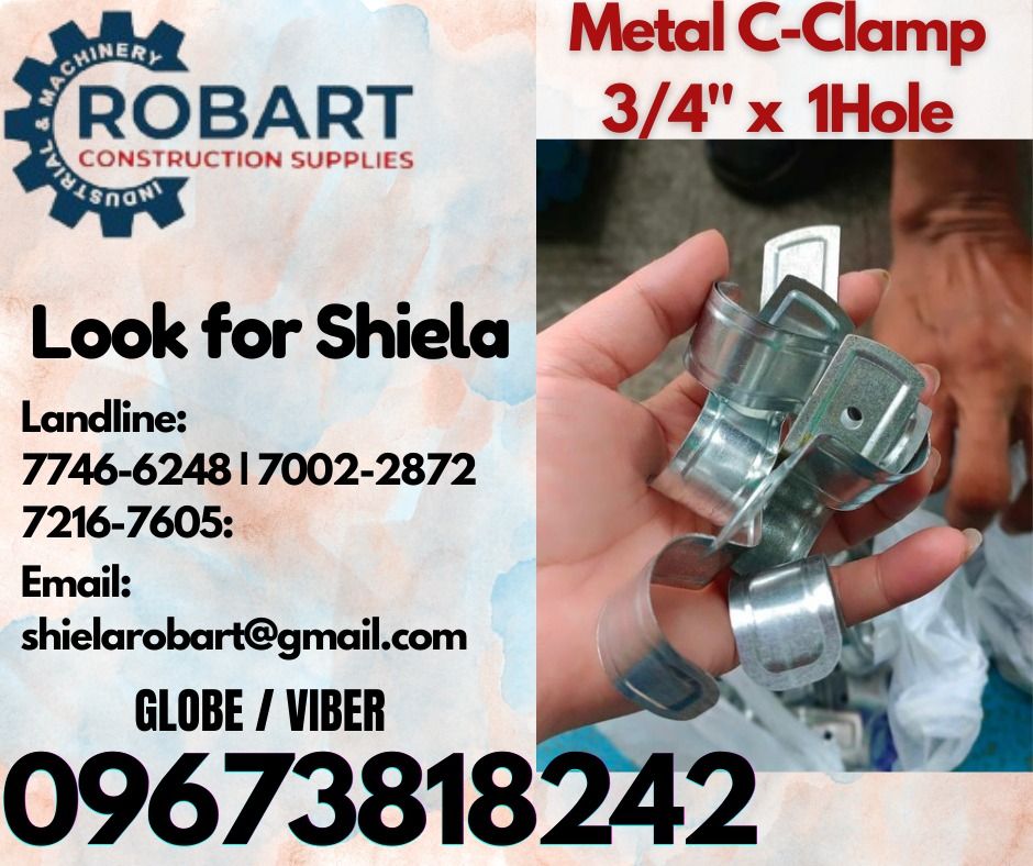 Metal C-Clamp (Category: Construction Tools & Equipment) located in Caloocan City. Submitted by shielaroba44709 (Listing ID 1331620109, Image 1). Description: Metal C-Clamp 3/4'' x 1Hole 𝑹𝑶𝑩𝑨𝑹𝑻 𝑪𝑶𝑵𝑺𝑻𝑹𝑼𝑪𝑻𝑰𝑶𝑵 𝑺𝑼𝑷𝑷𝑳𝑰𝑬𝑺 Office Address: 1405 Yuseco St. Sta Cruz Manila SEND US MESSAGE FOR INQUIRIES ‼️ ‼️ Call: 09673818242 / 09662708845 Vibr - (09673818242) Landline: (𝟩𝟩𝟦𝟨-𝟨𝟤𝟦𝟪) / (𝟩𝟢𝟢𝟤-𝟤𝟪𝟩𝟤) / (𝟩𝟤𝟣𝟨-𝟩𝟨𝟢�