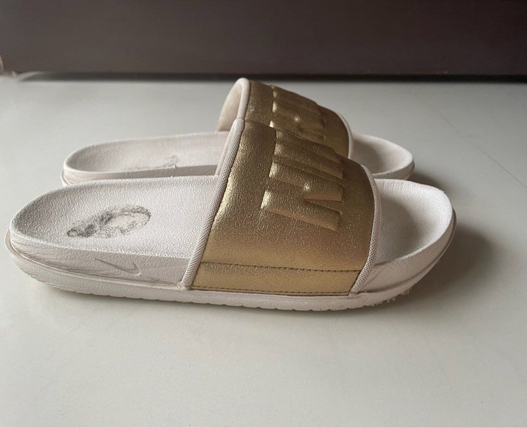 Nike Offcourt Metallic Gold Slides Sandals Slippers Women s Fashion Footwear Sandals on Carousell