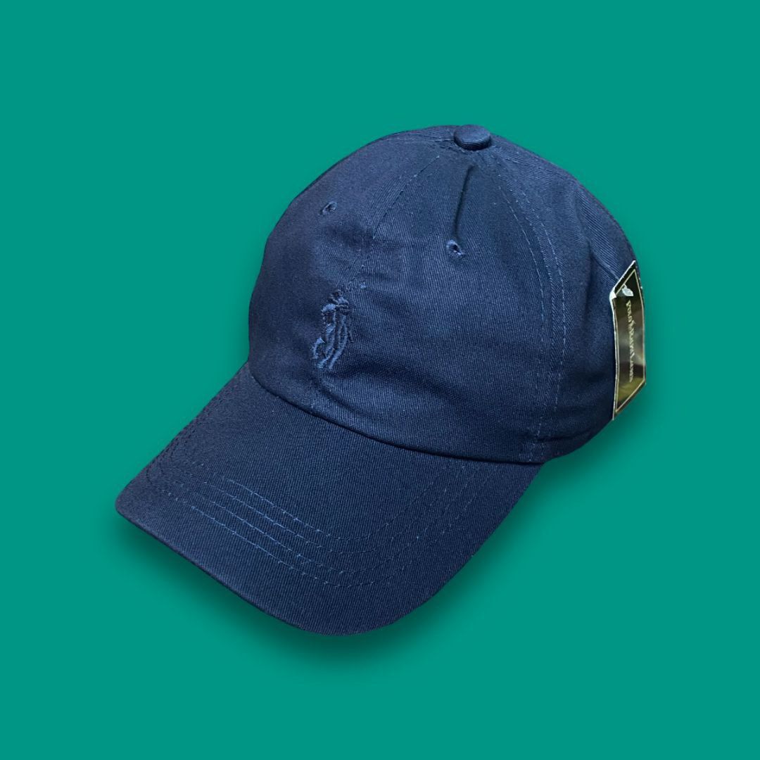 Navy blue polo hat with leather strap discount