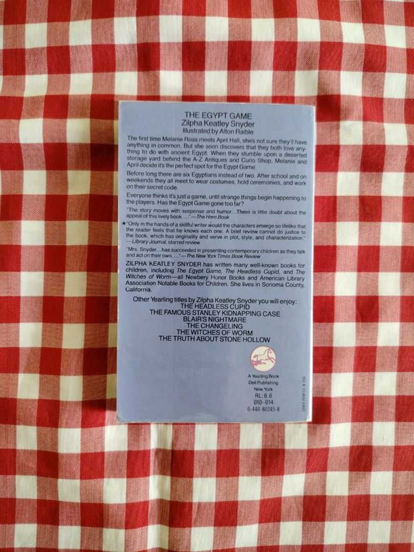 The Egypt Game by Zilpha Keatley Snyder (Category: Storybooks) located in Mandaue City. Submitted by ohmygaragecebu (Listing ID 1331737590, Image 2). Description: Paperback. Plastic covered..