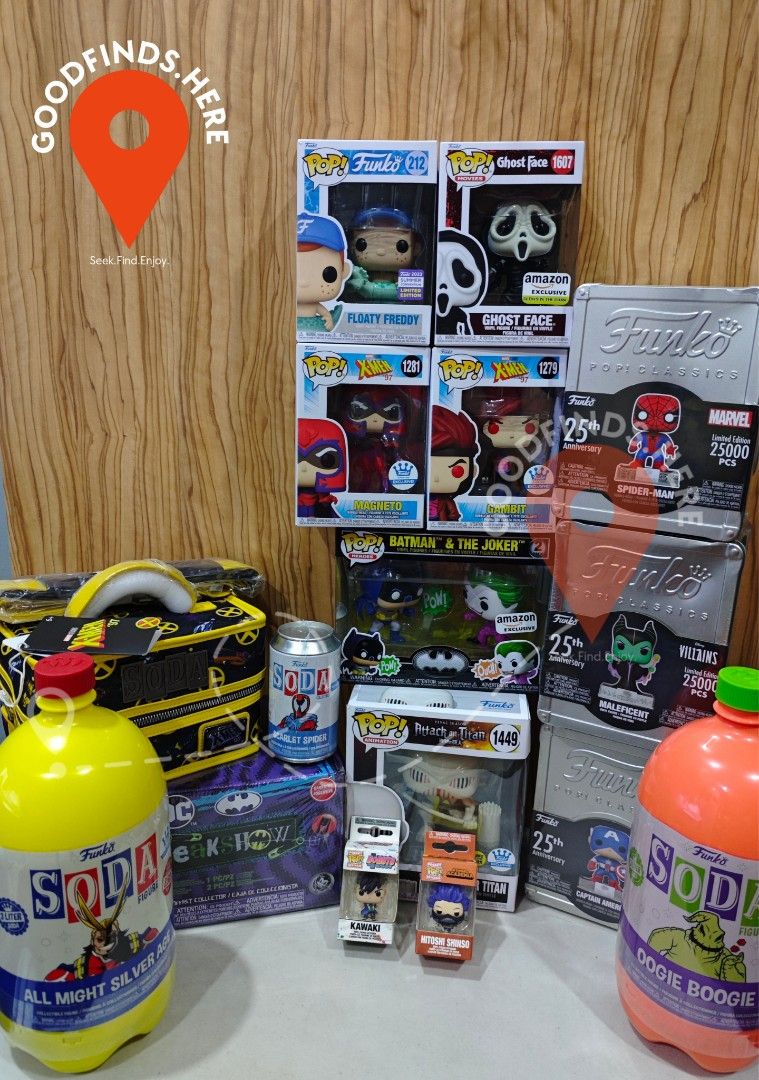Assorted Funko (Category: Designer & Blind Box Toys) located in Pasig City. Submitted by goodfinds.here (Listing ID 1328715979, Image 1). Description: ❗Assorted Funko❗ ▪️Floaty Freddy SCE 2023 -₱1,350 ▪️Ghost Face GITD Amazon-₱1,600 ▪️Magneto Funko Shop- ₱1,700 ▪️Scarlet Spider Soda Walmart -₱1,200 ▪️X-men Soda w/cooler SEALED -₱6,500 ▪️Batman Freakshow Gamestop SEALED- ₱3,400 ▪️All Might Silver Age 3L Soda SEALED -₱2,500 ▪️Oogie Boogie 3L Soda S