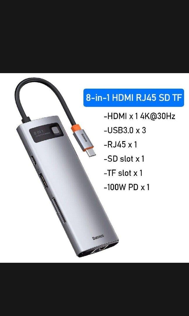 Baseus USB Hub 8in1 (Category: Cables & Adaptors) located in Caloocan City. Submitted by zealwind.6c23d3 (Listing ID 1328682751, Image 2). Description: Hi! Baseus USB hub adaptor • 1 HDMI 3 USB 3.0 1 LAN connector 1 SD card reader 1 TF Slot • 1 100W PD port Selling price: 800 Current price nya sa Baseus Lazmall: 1800 RFS: hindi na nagagamit Within or near Metro Manila lang DM na lang po sa interested. Thanks!!.