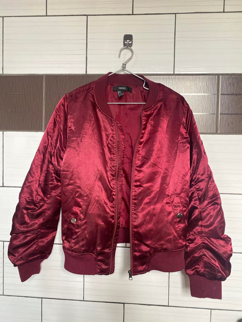 Forever 21 burgundy bomber jacket on sale